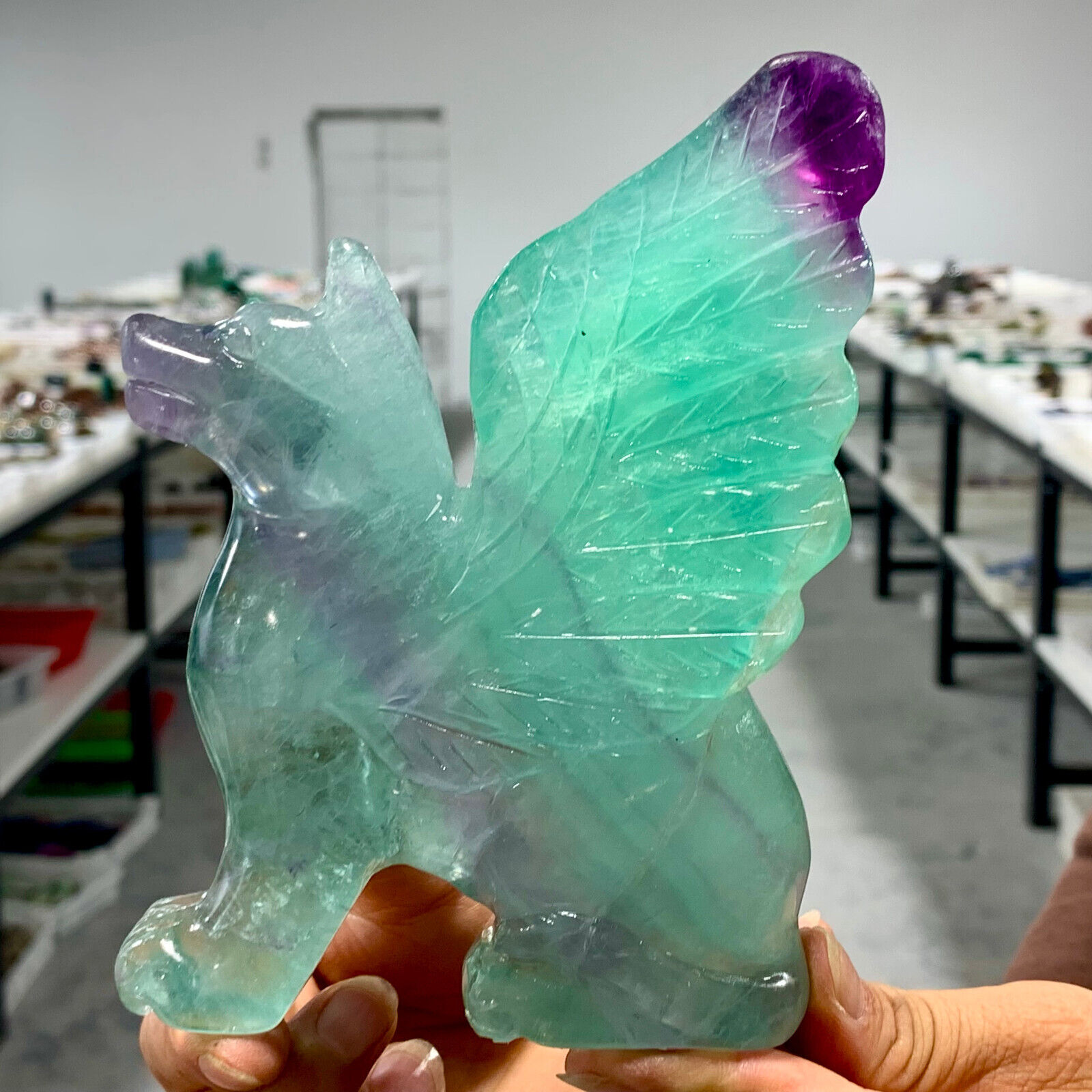 1.78LB Natural Purple Green fluorite Handcarved Airwolf Crystal Specimen