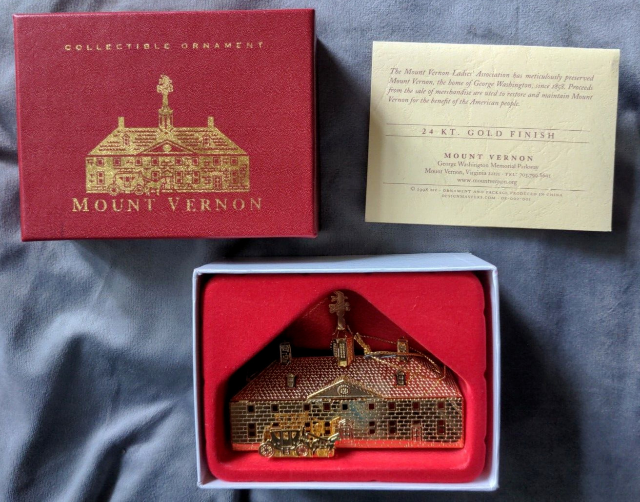 1998 Mount Vernon 3D House 24 kt Gold Finish Ornament with Box and Insert