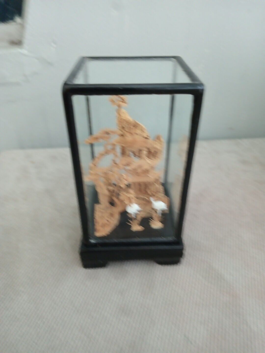 VTG Chinese Hand Carved Cork Diorama Shadow Box Asian Art Pagoda Cranes Trees