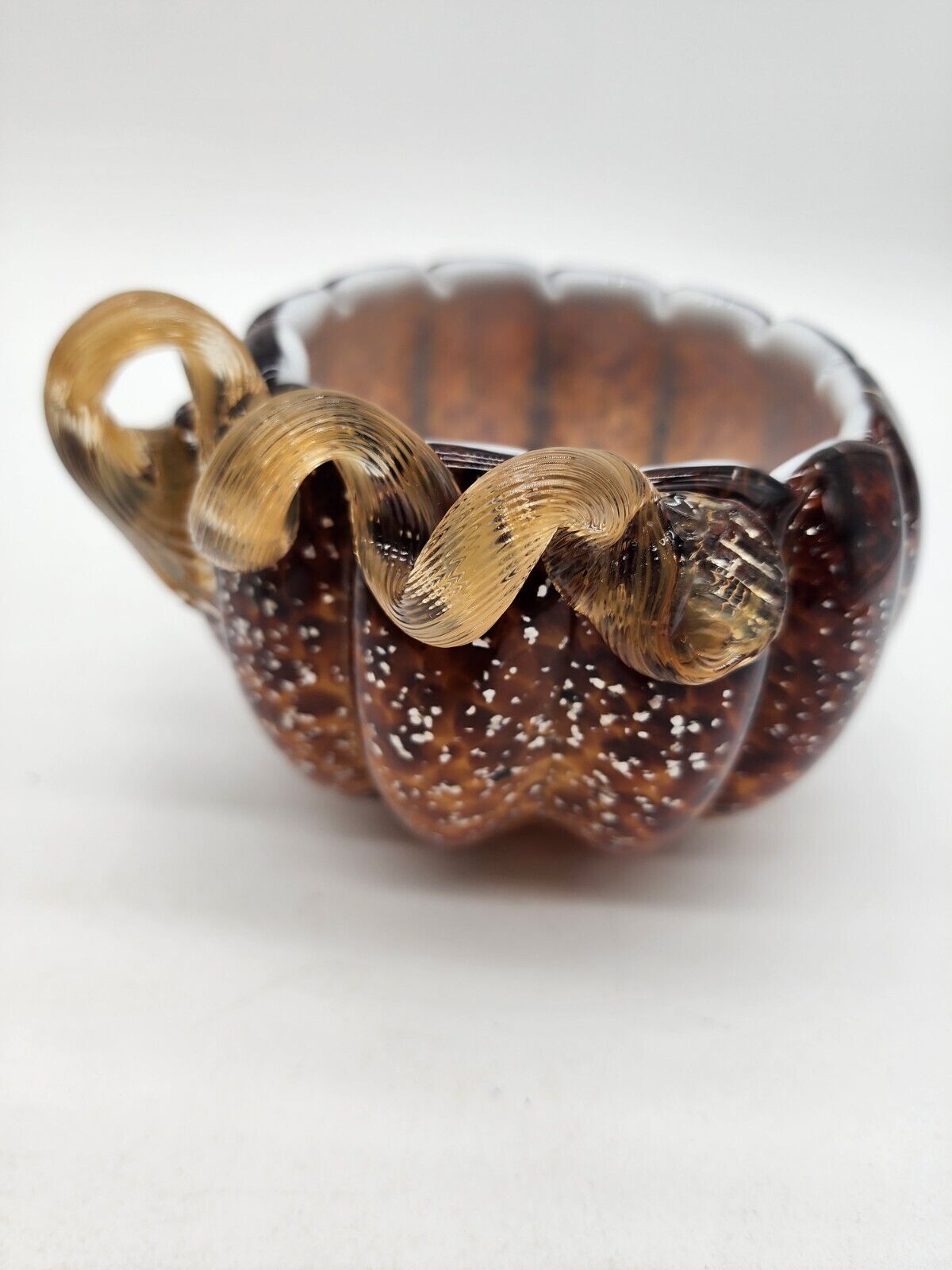 Amber Gold Brown Glass Pumpkin Bowl Silver Sparkles & Ribbed Stem 