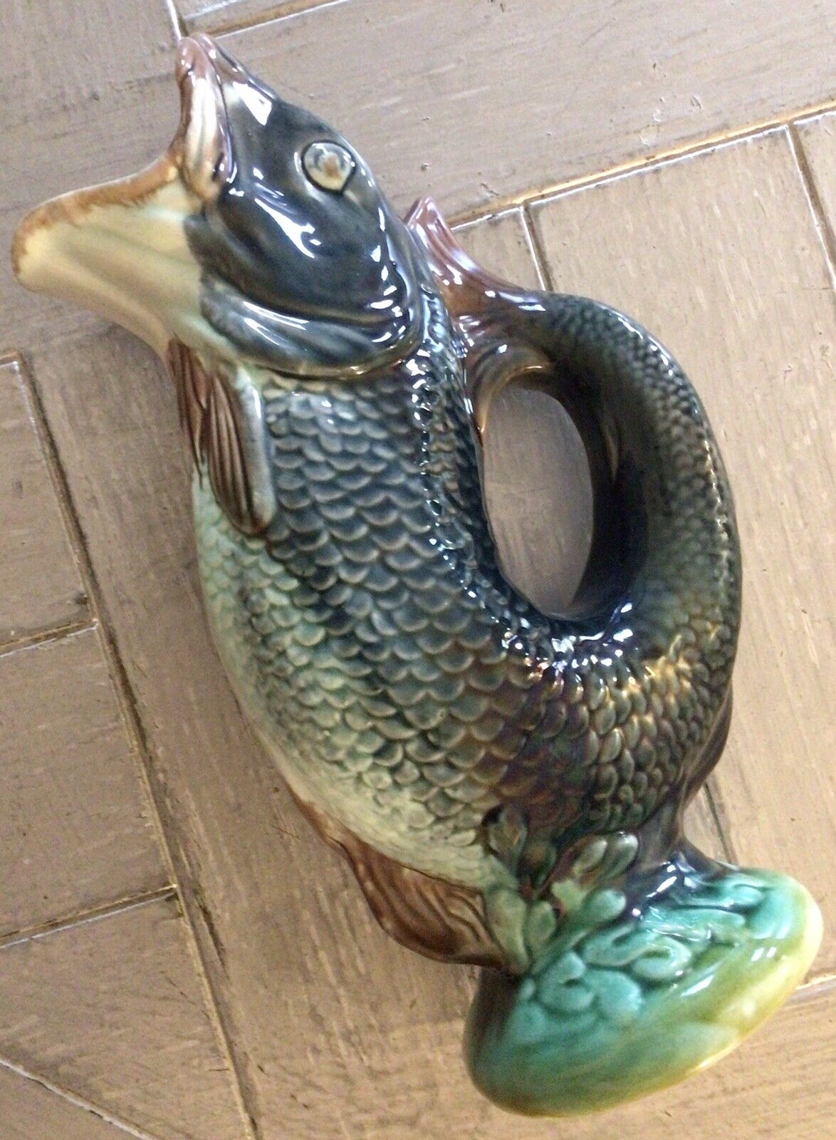 Antique-19th Century-Majolica-Gurgling Fish-Koi-Northern Pike-Vase-Pitcher-Jug