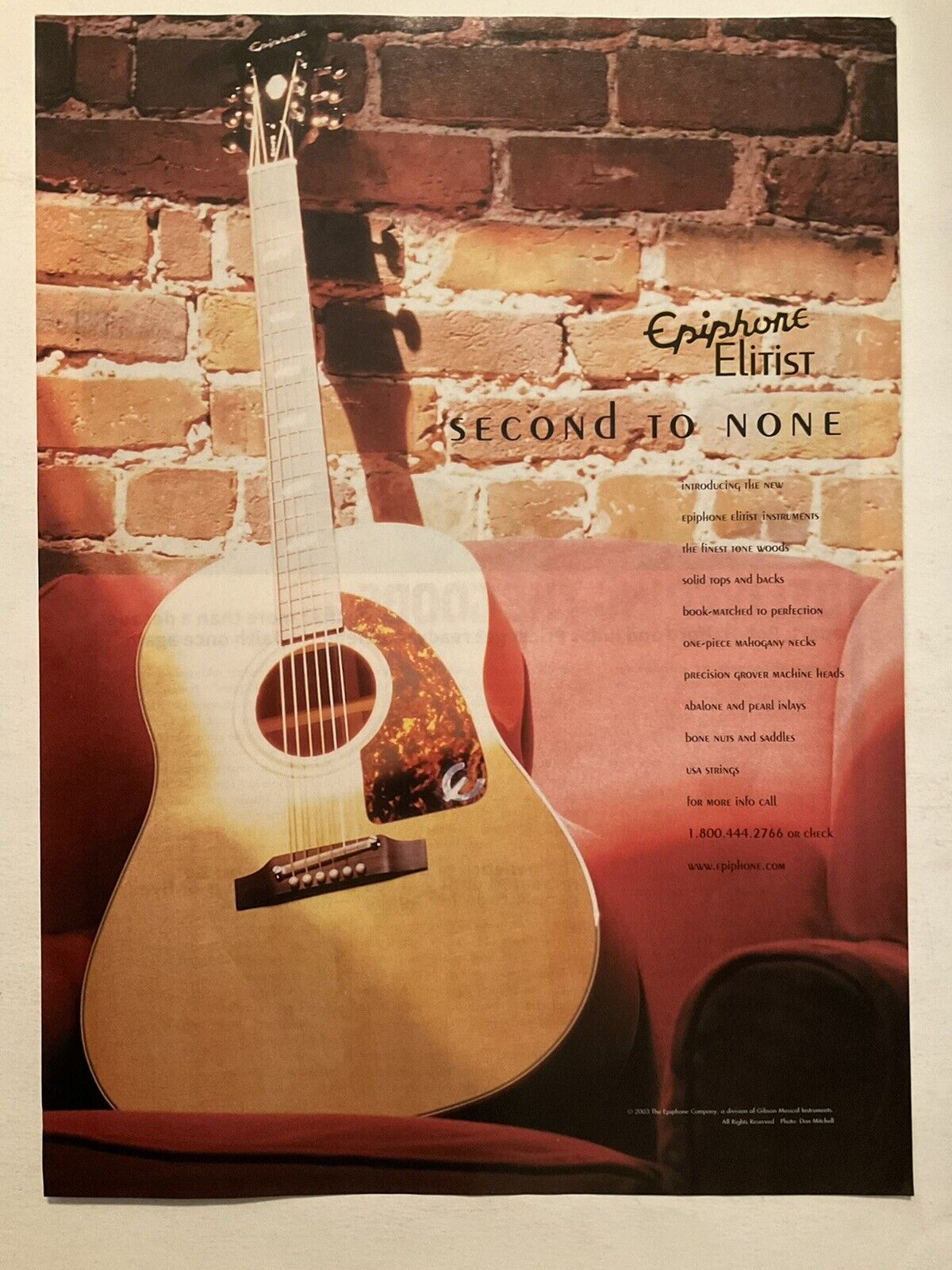 Epiphone Elitist Guitar Print Ad 2003 Second To None Acoustic VTG Original  03-2