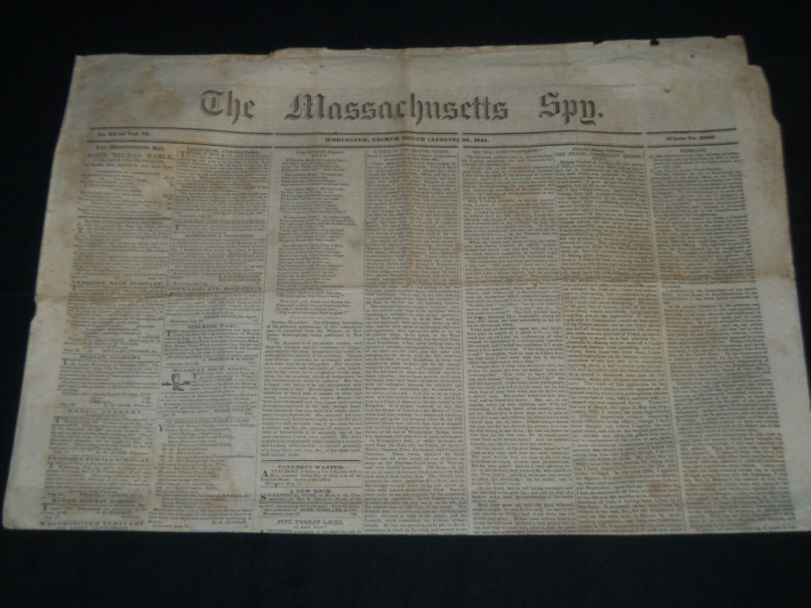 1841 AUGUST 25 THE MASSACHUSETTS SPY NEWSPAPER - TYLER VETOES BANK BILL- NP 4175