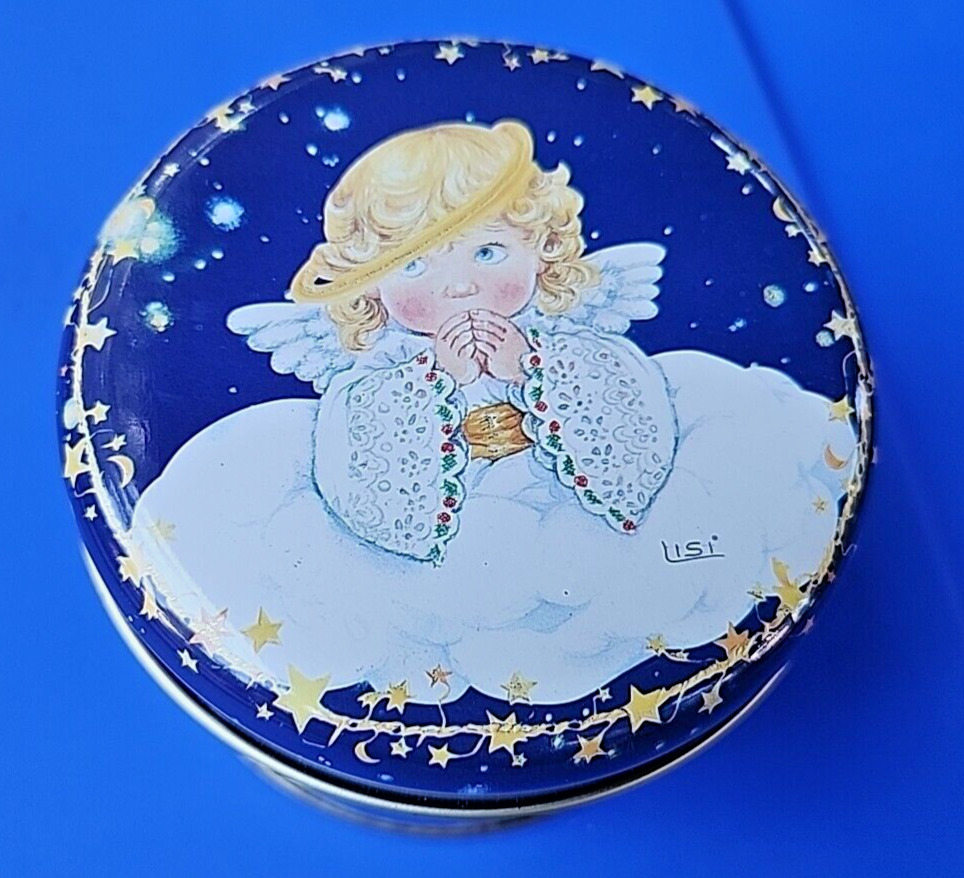 Swedish Angel Tin by Lisi 1996 Picture Graphic Tin Box Blue and Gold 7\