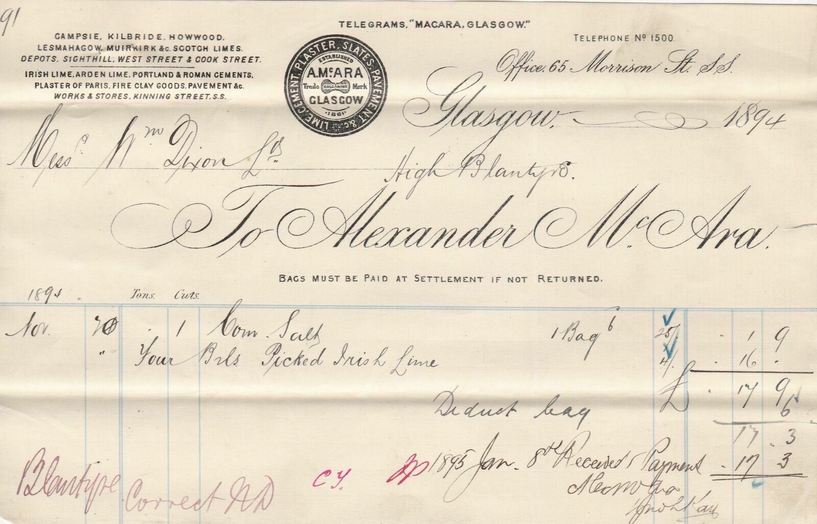 Alexander McAra Glasgow Logo 1894 Salt & Picked Irish Lime Goods Invoice Rf40992