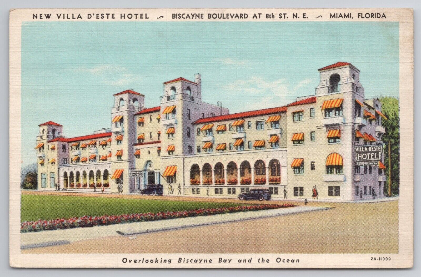1932 Postcard New Villa D\'Este Hotel Miami Florida FL Biscayne Bay & Ocean