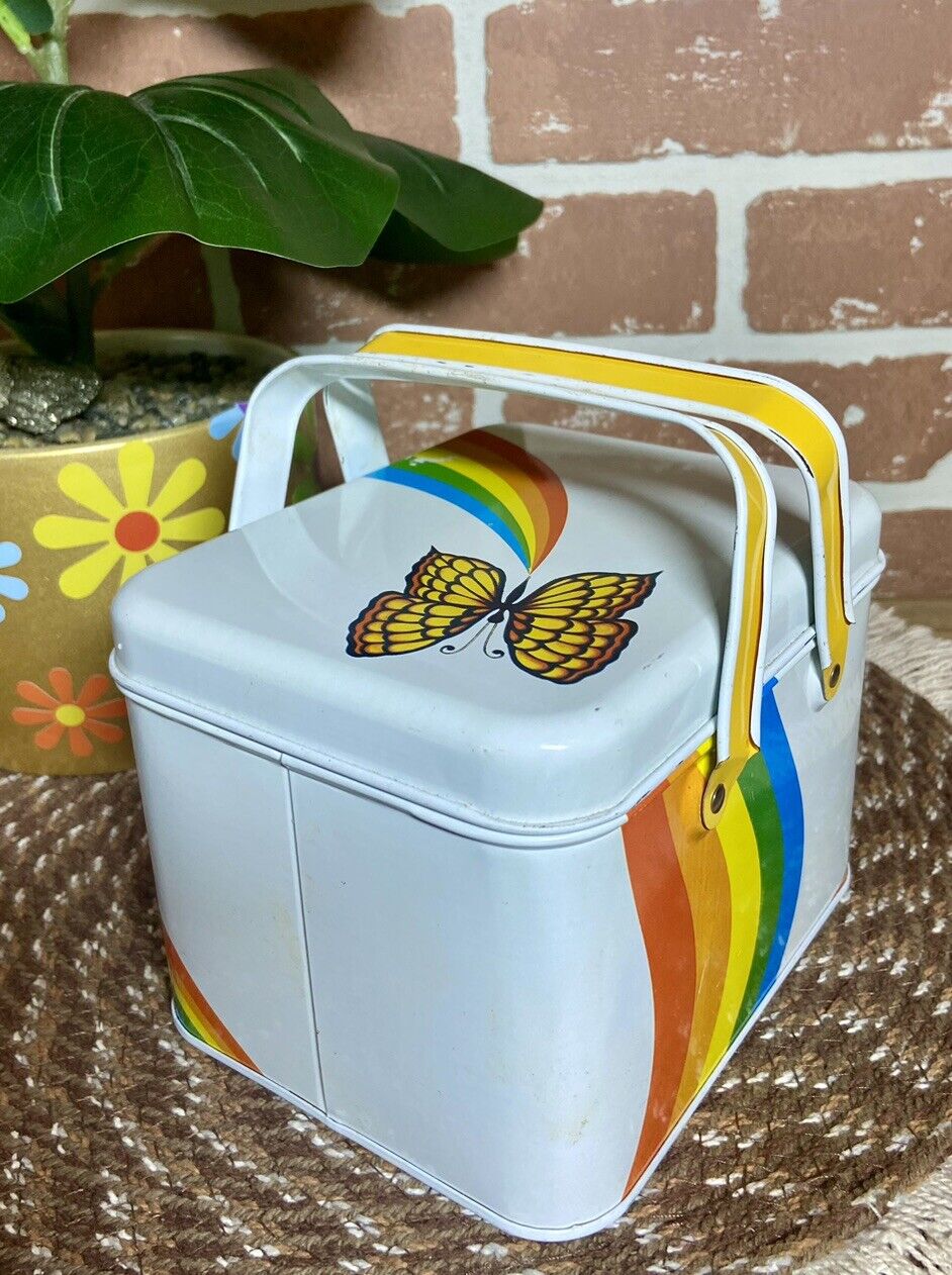 Vintage Cheinco Storage Tin Retro 70’s 80’s Butterfly Rainbow Rare w/ Handles