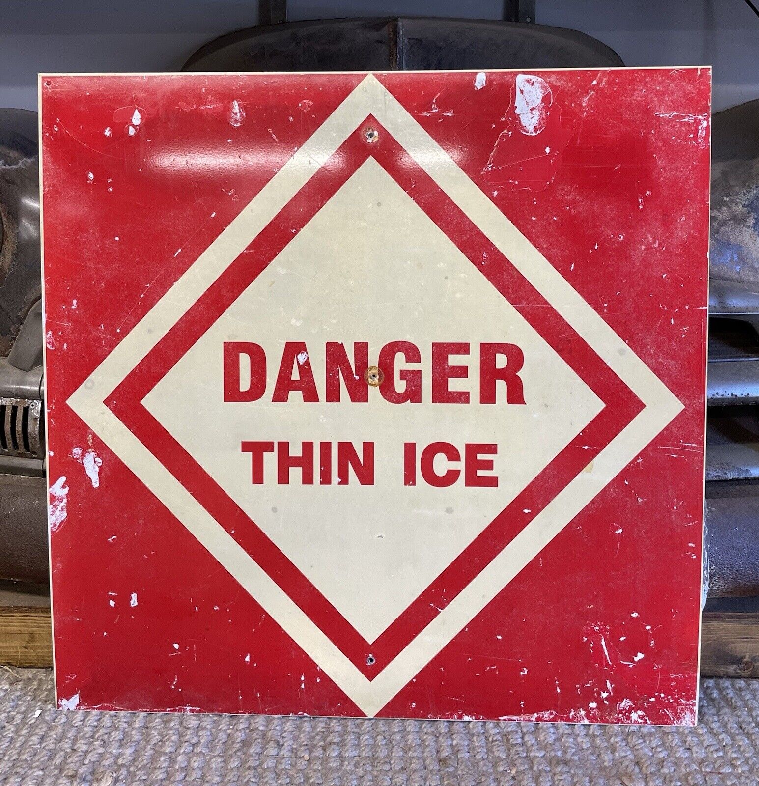 Vintage Retired “DANGER THIN ICE”  Warning Sign Lake Winnipesaukee New Hampshire
