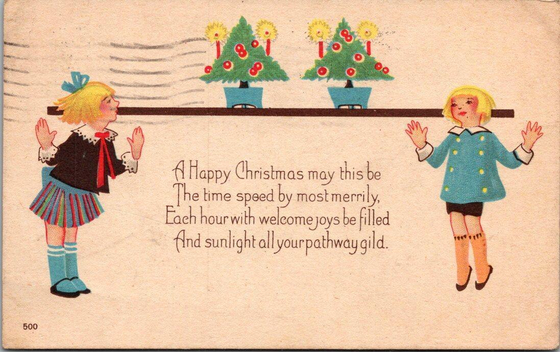 Vtg Posted 1924 ~ A HAPPY CHRISTMAS ~ Postcard BOY & GIRL TREE ~ Ships FREE