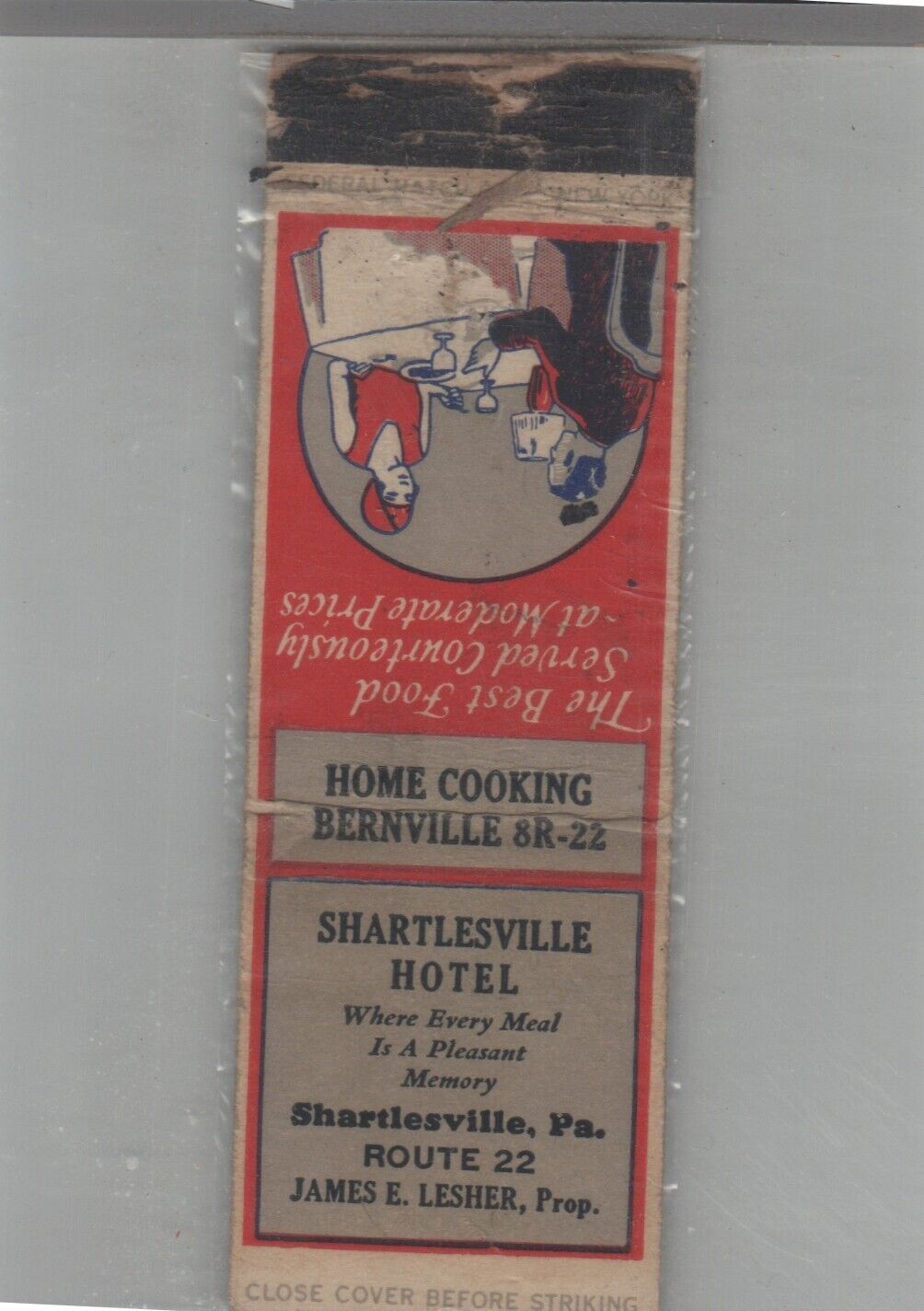 Matchbook Cover 1920s-30\'s Federal Match Shartlesville Hotel Shartlesville, PA