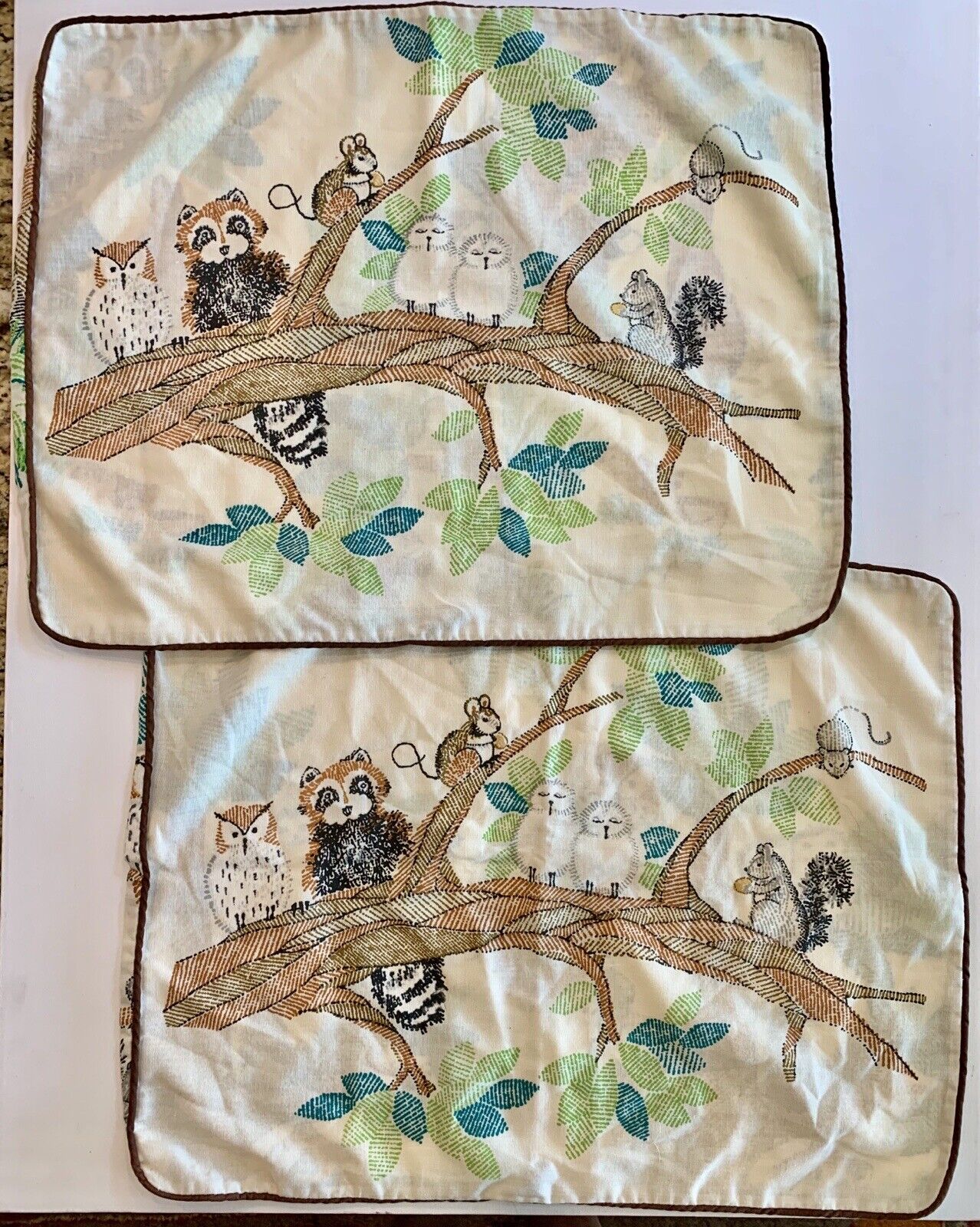 2 Vintage Sears Perma Prest Standard Pillowcases Forest Animals Squirrel Owl