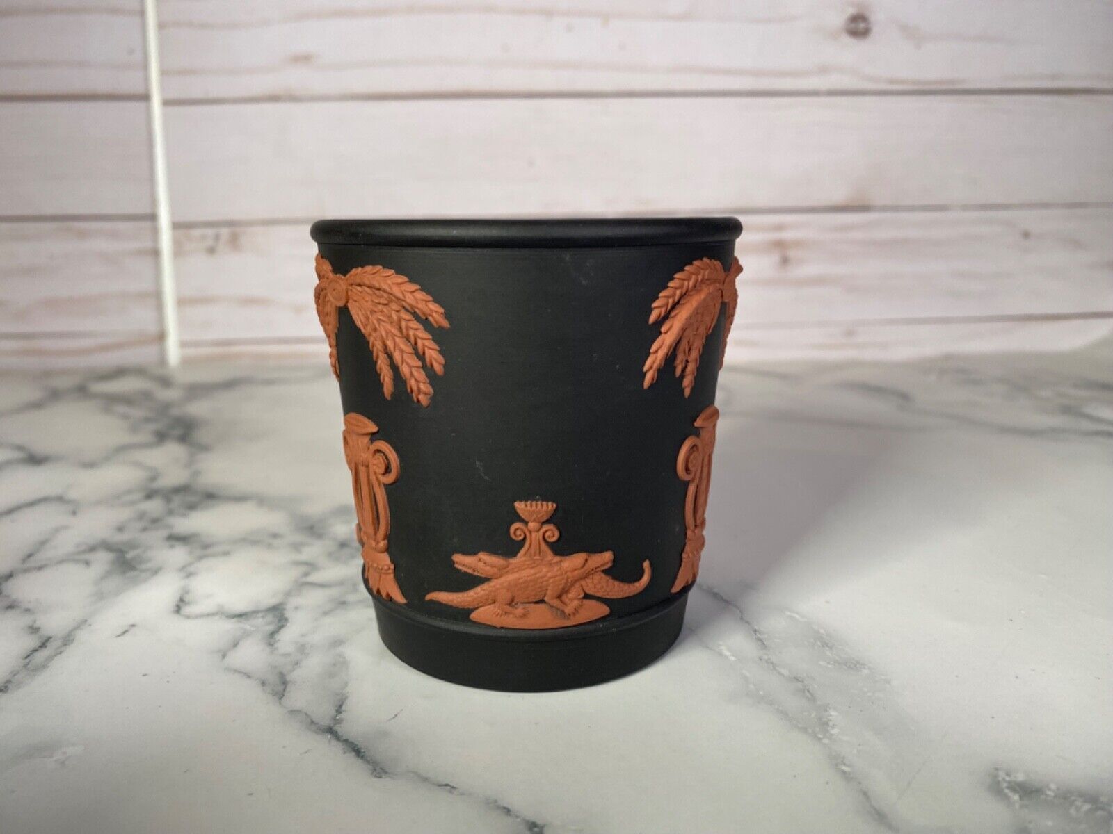 Wedgwood Terra Cotta on Black Jasperware Egyptian Decorated Small Planter Vase