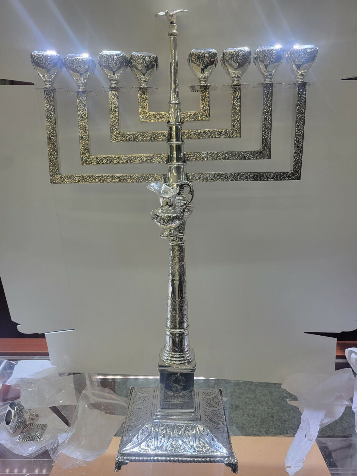 ANTIQUE VERY LARGE STERLING SILVER JUDAICA MENORAH MOVABLE ARMS
