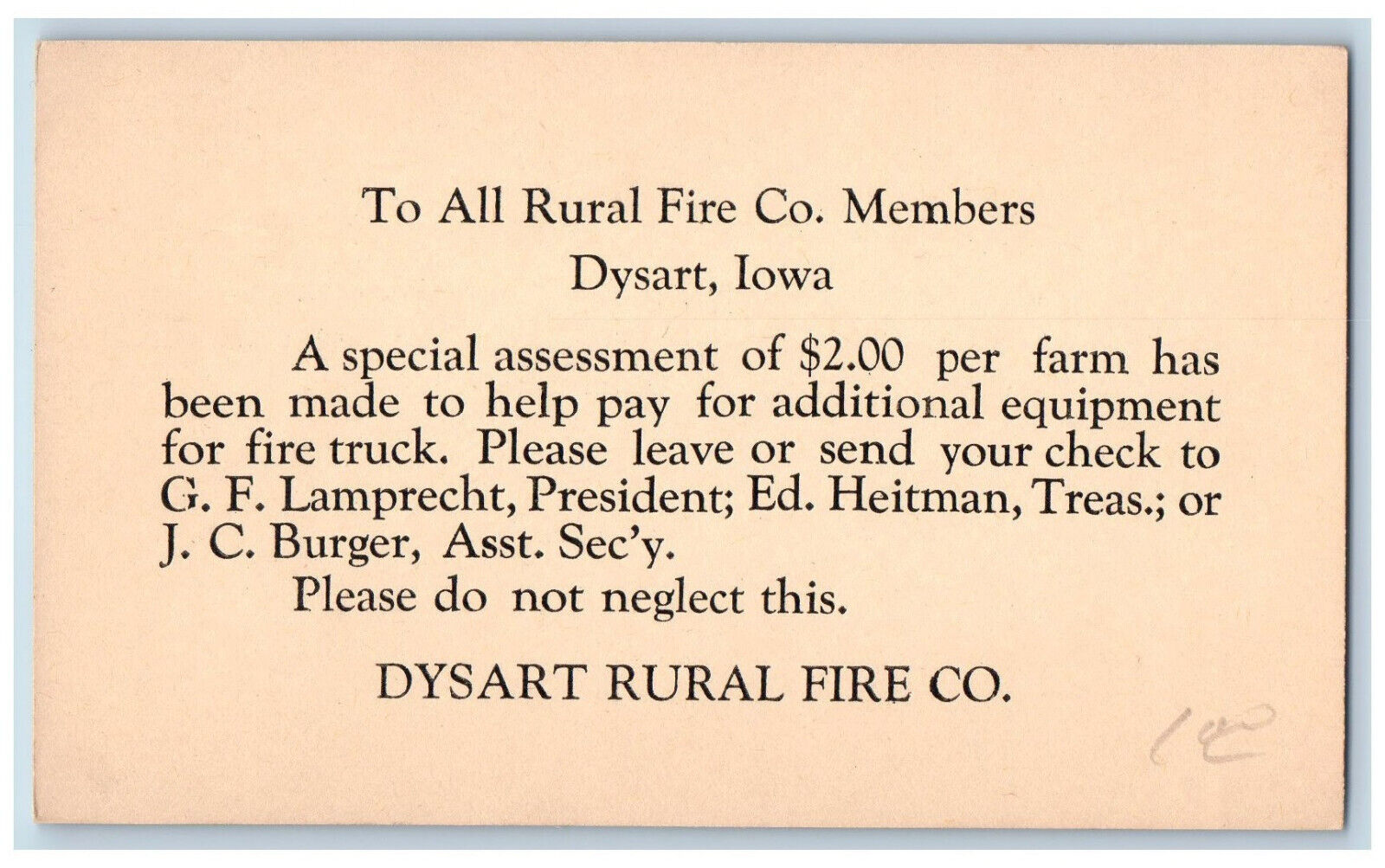Dysart Iowa IA Postal Card Dysart Rural Fire Co. Letter for Members c1940's