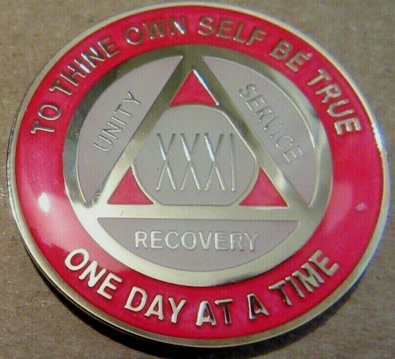 Glow Pink White Silver Alcoholics Anonymous 31 Year AA Medallion Sober Token