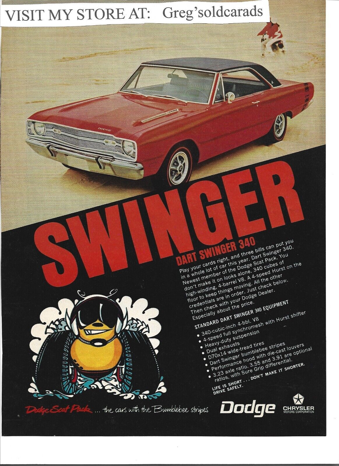 Original 1969 Dodge Dart Swinger 340 print ad, one of the Dodge Scat Pack models