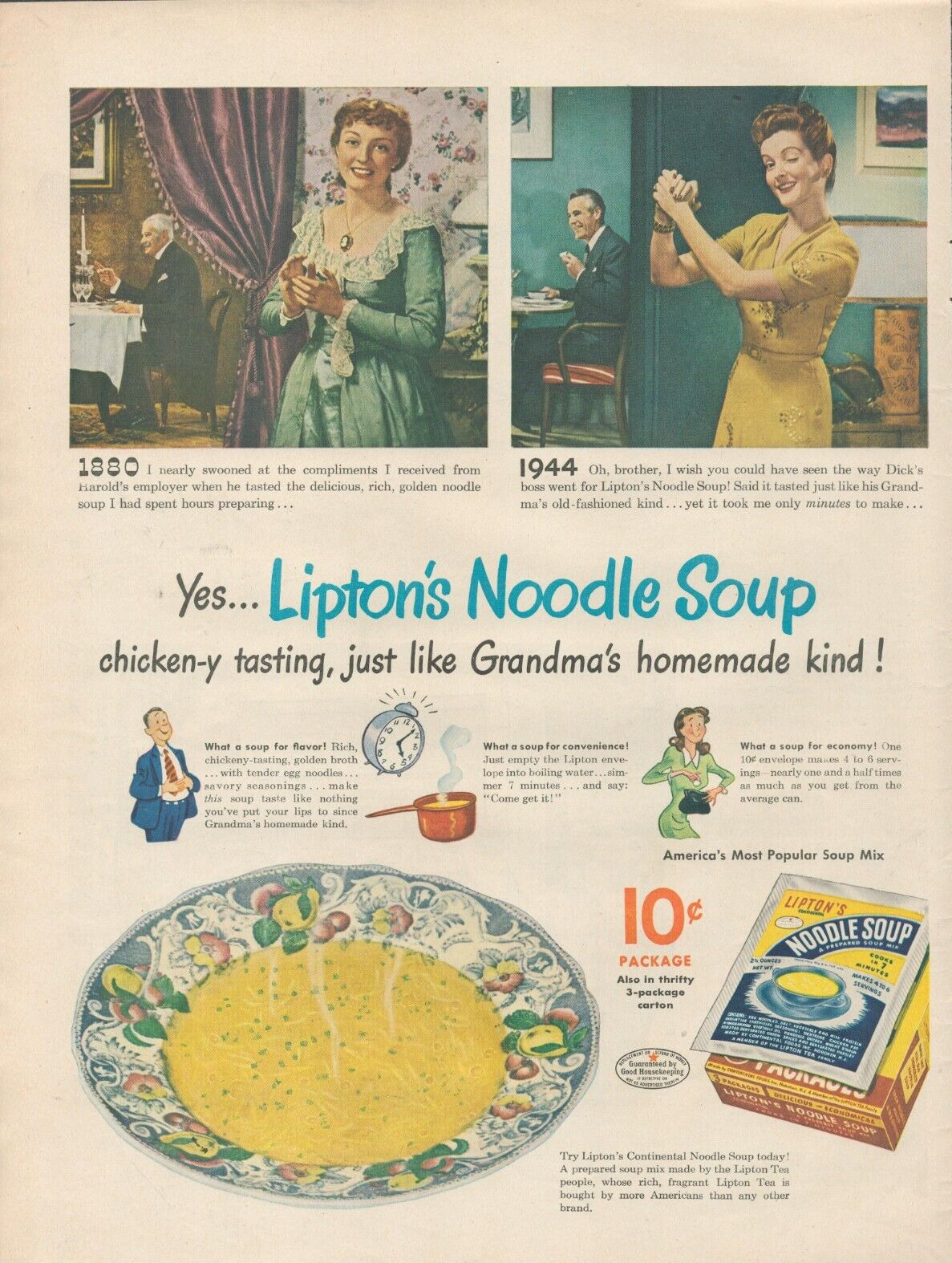 1944 Lipton\'s Noodle Soup Just Like Grandma\'s Homemade Kind Print Ad
