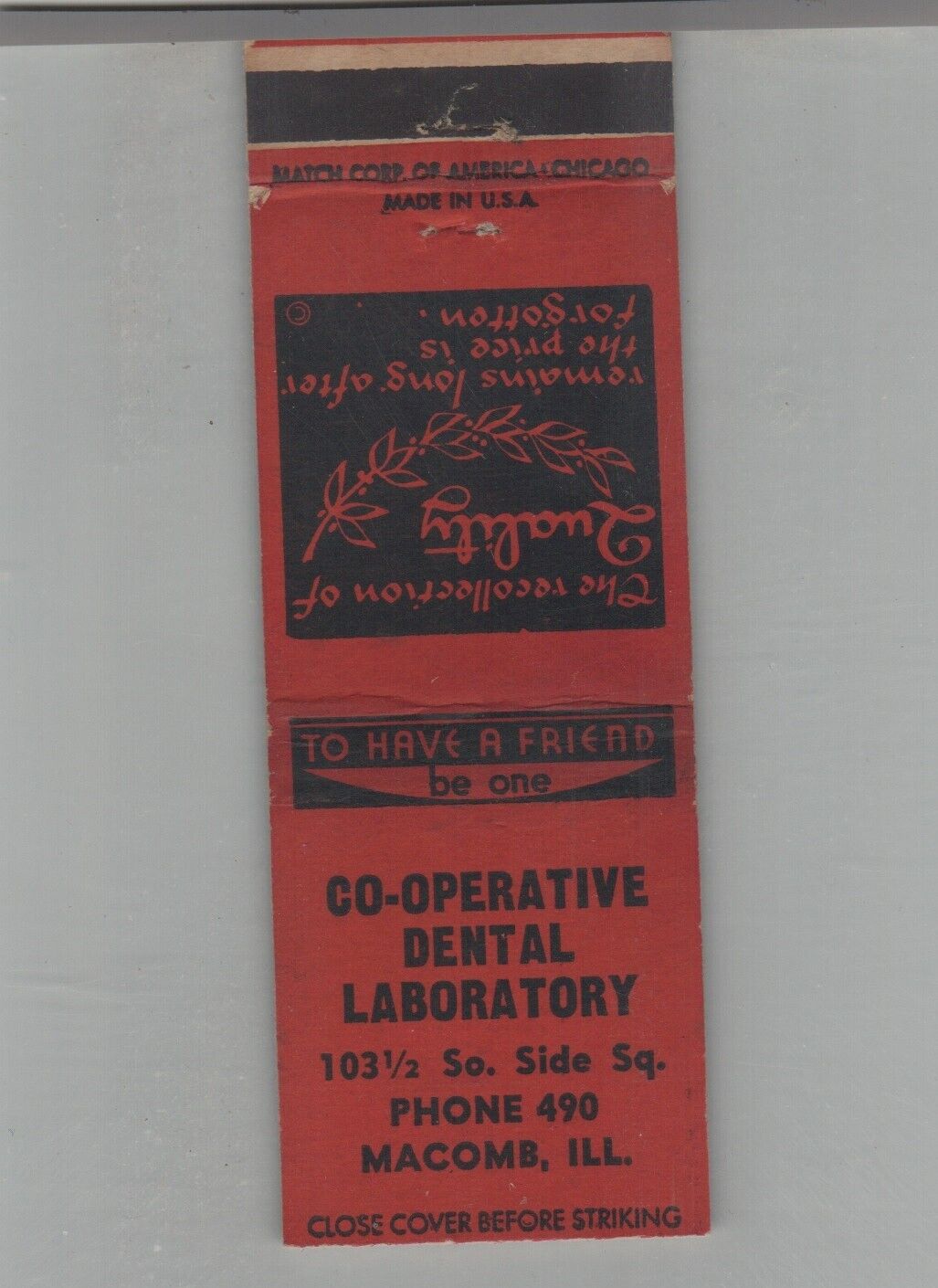 Matchbook Cover Dental Related Co-Operative Dental Laboratory Macomb, IL.  Tens