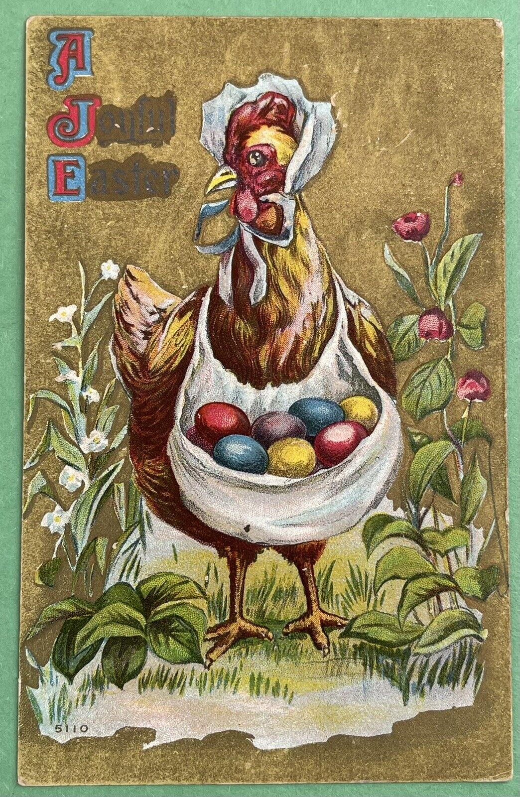 Vintage Embossed Easter Postcard~Chicken with Colored Eggs. E518