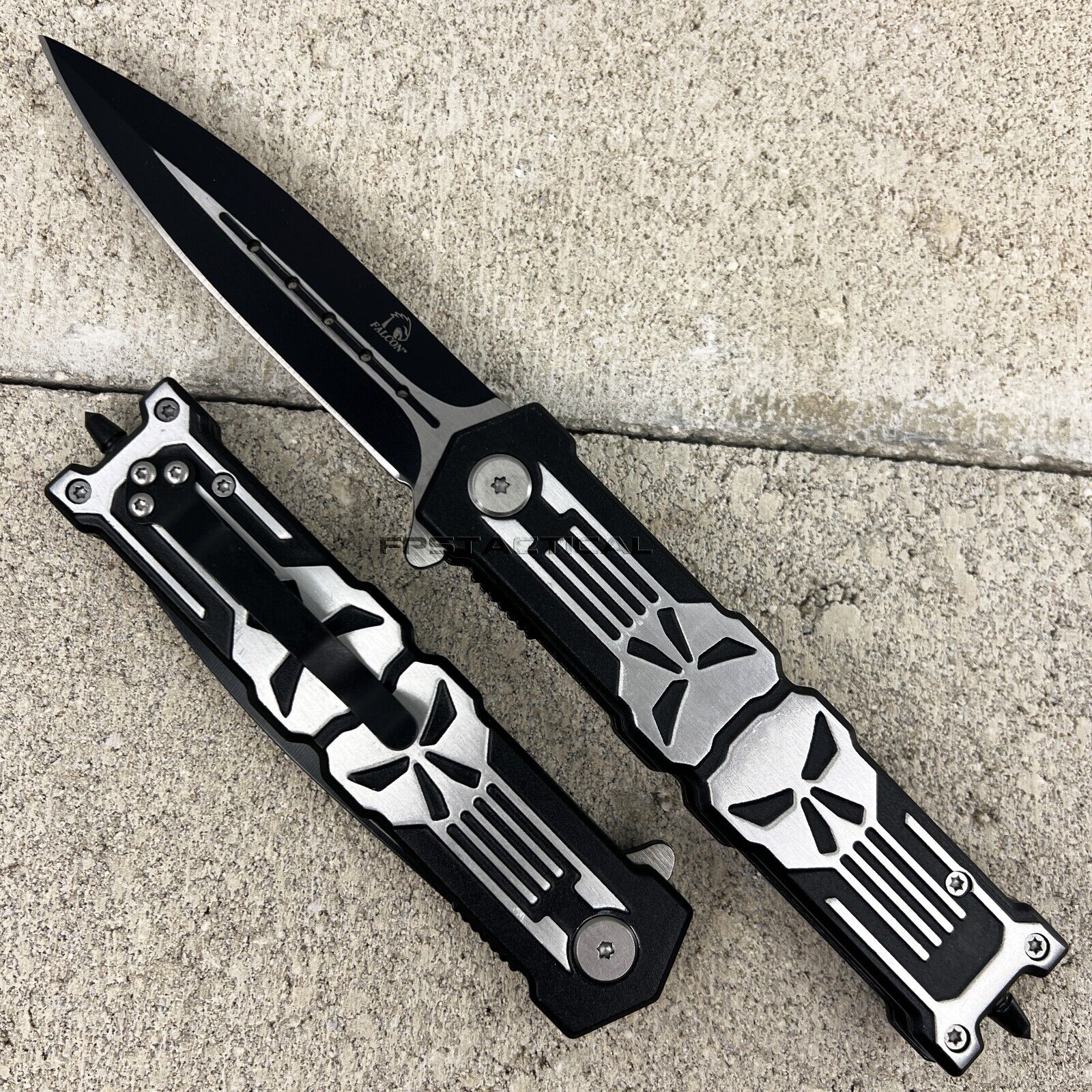 Falcon 3D Molded Punisher Skull Spring Assist Stiletto Knife Black & Bare Metal