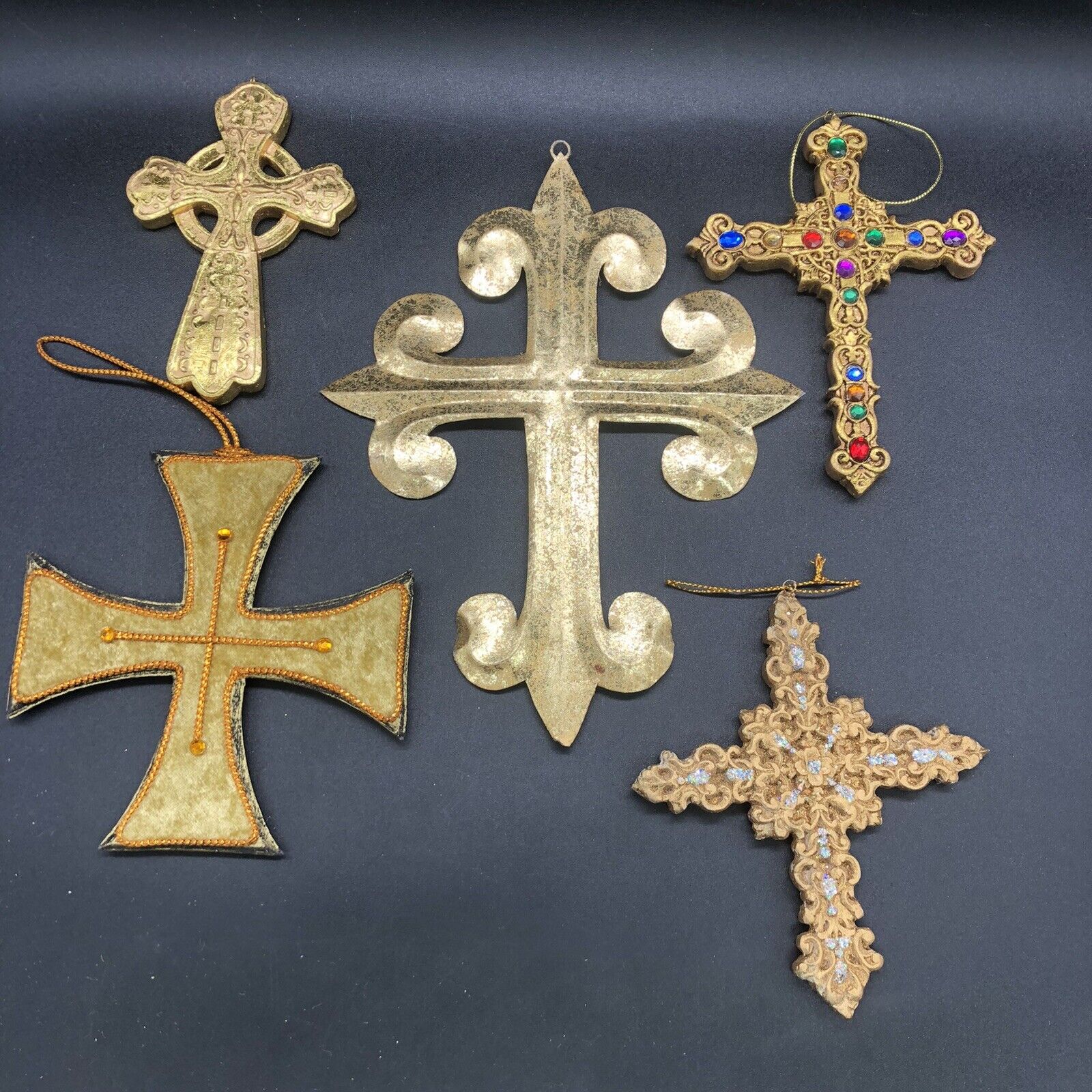 Vintage LOT OF 5 Christian Cross Ornate Christmas Ornaments Mixed Lot 4.5\