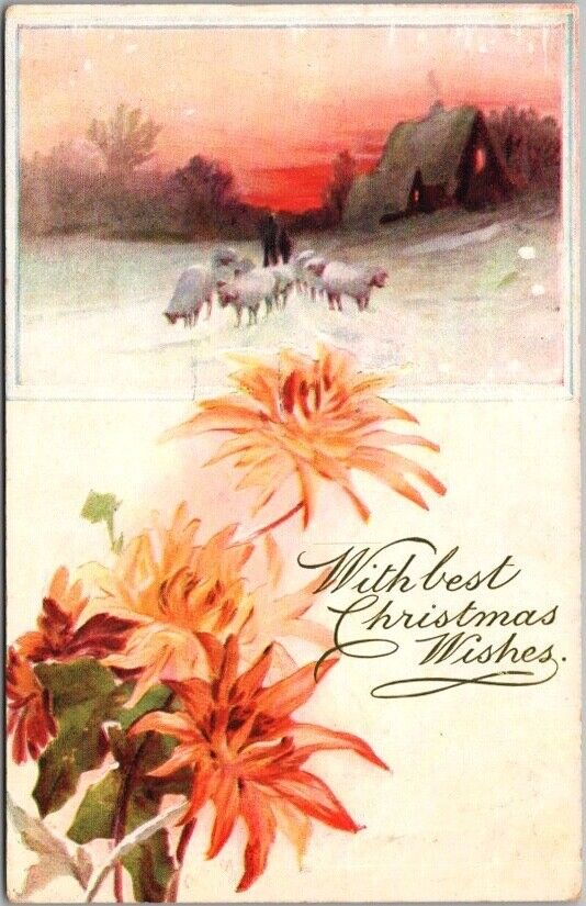 Vintage CHRISTMAS Postcard Winter Sheep Scene / Flowers - TUCK\'S Oilette 8398