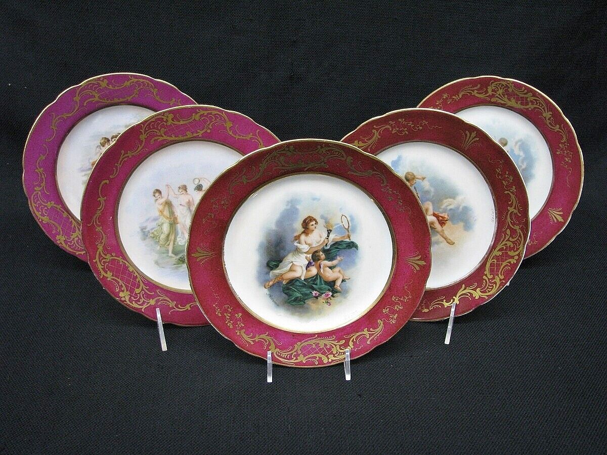 5 Vienna Porcelain Cabinet Plates in Burgundy with Gold Accents Putti
