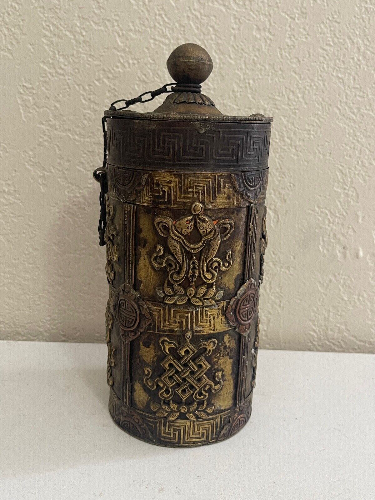 Vintage Chinese Metal Incense Powder Holder Jar w/ Auspicious Symbols