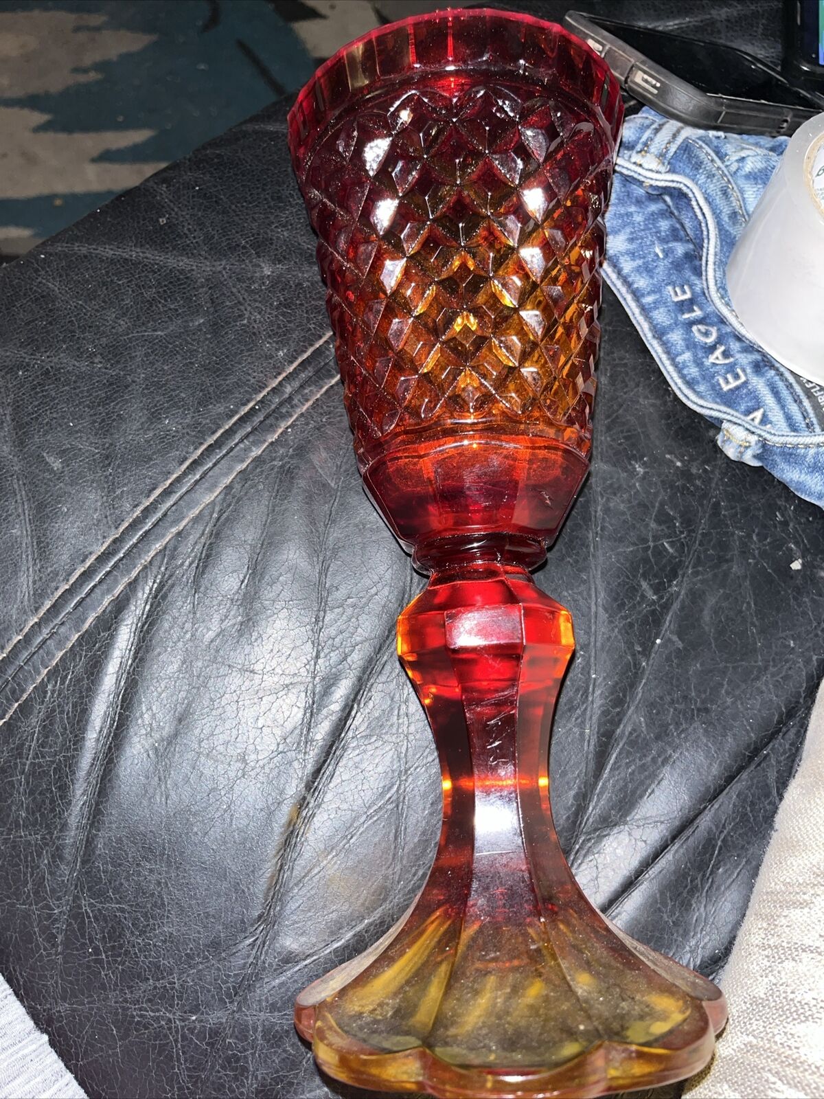 Vintage Tall Pedestal Ruby Amberian Candy Dish Vase 