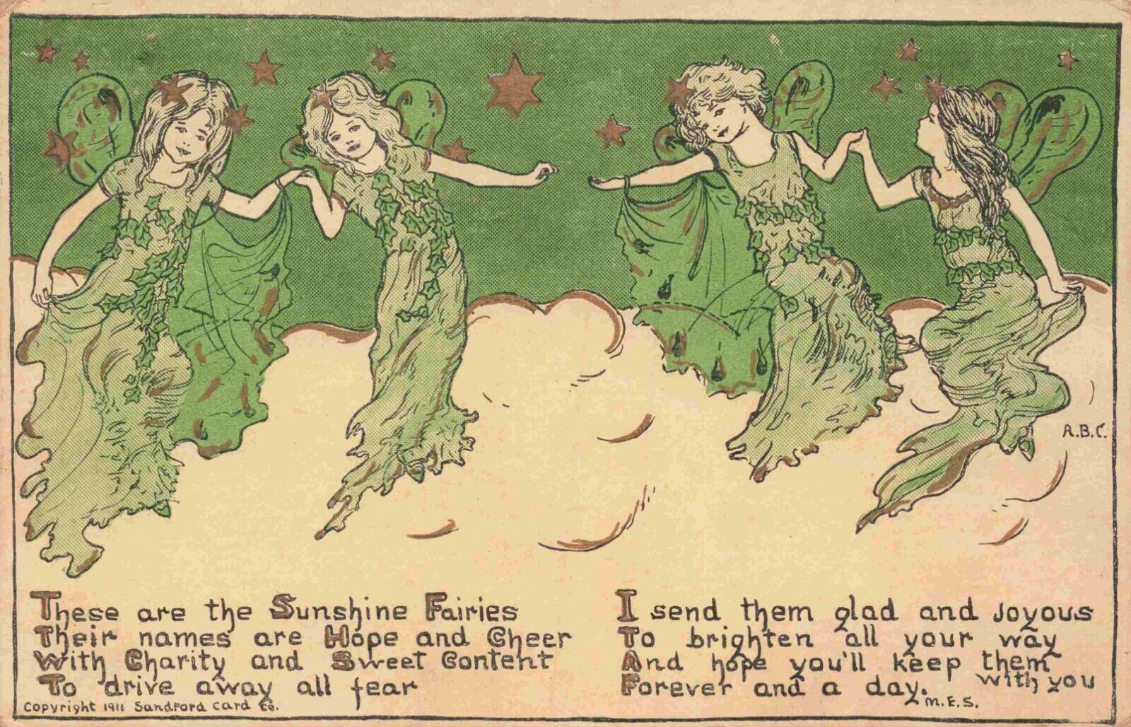 Green Sunshine Fairies Bring Hope Cheer Charity & Sweet Artist Fairy Postcard