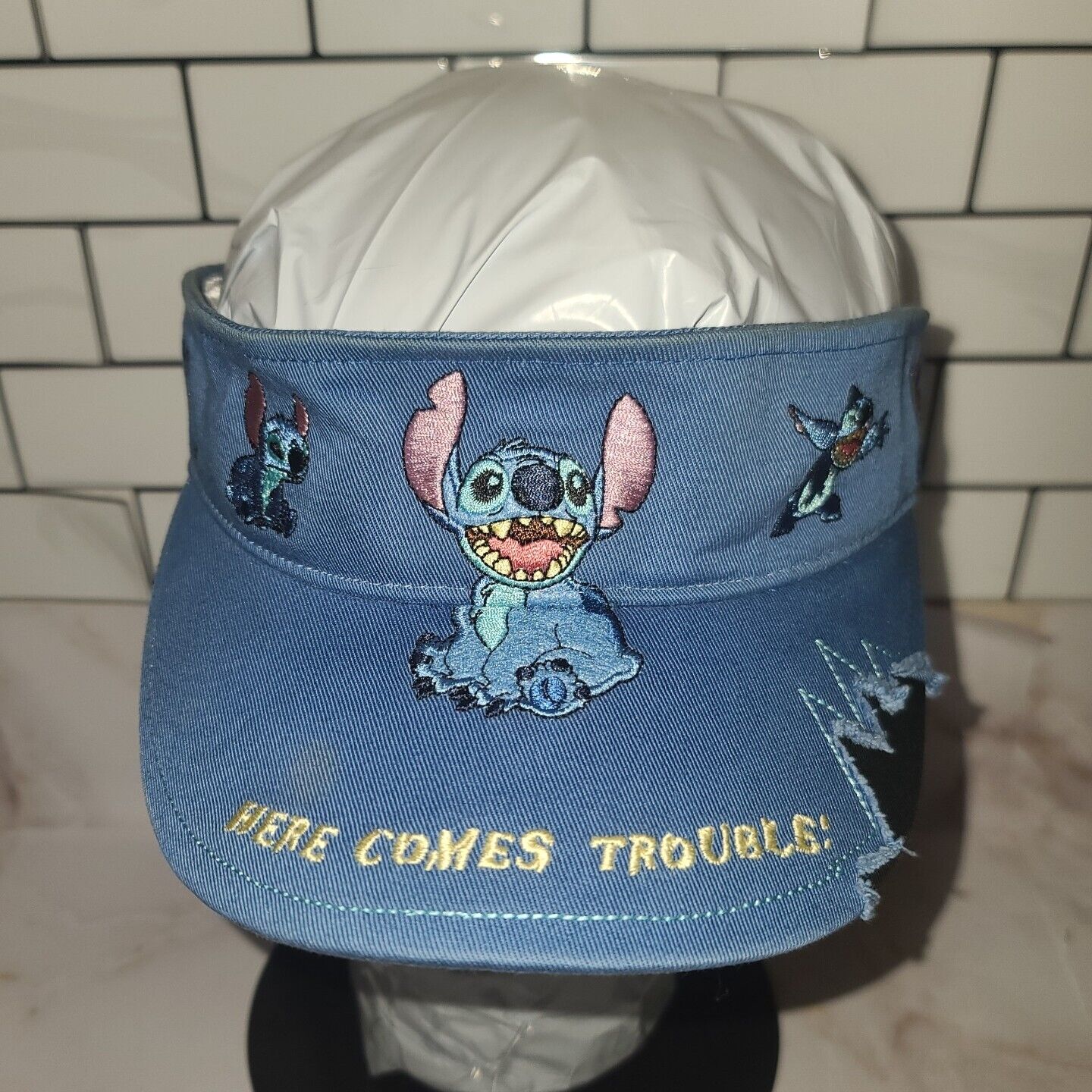 VTG Disney Parks Lilo & Stitch Here Comes Trouble Blue Visor Embroidered Youth