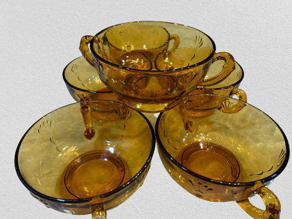 Set of 6 Vintage Georgian Viking Honey Gold Amber Glass Cups Mugs Punch Bowl 