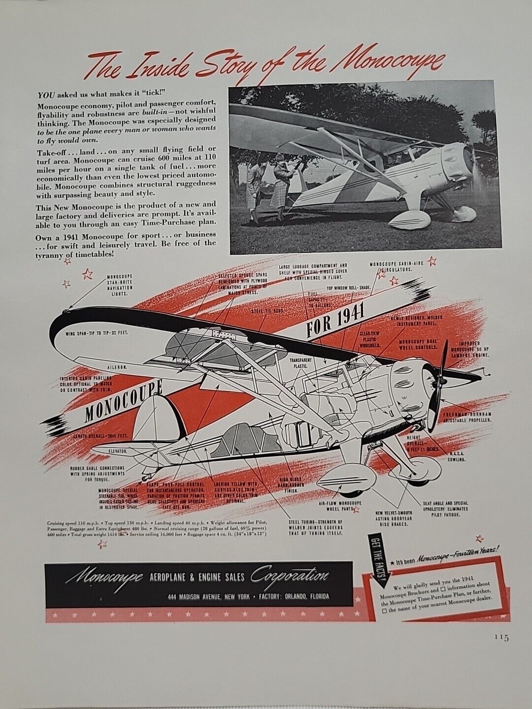 1941 Monocoupe Aeroplane & Engine Fortune Magazine WW2 Print Ad airplane Orlando