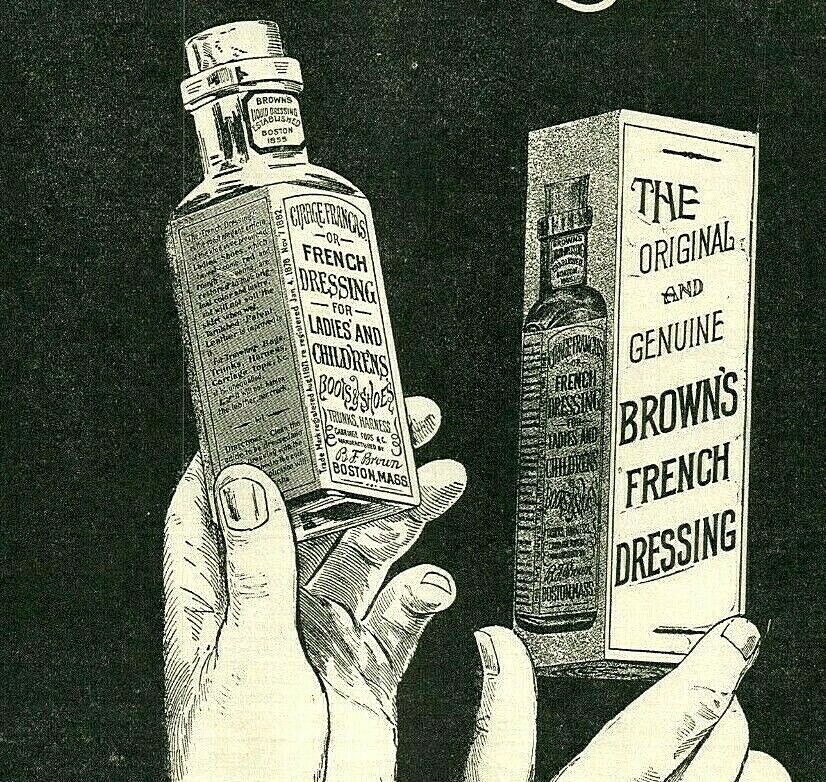 1896 Brown French Dressing Wax Shoe Shine Polish Box Bottle Label Paper Ad 5215