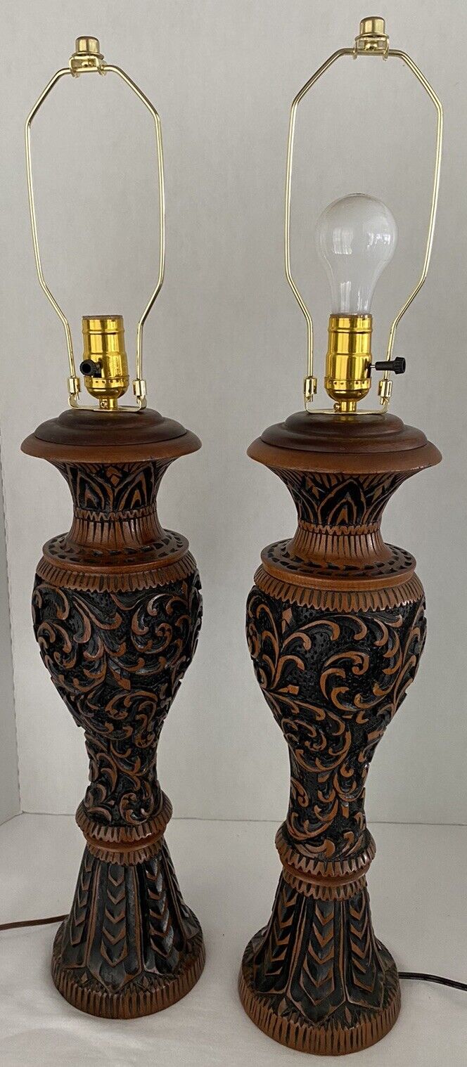 Vintage Pair Of Ornately Carved Lamps