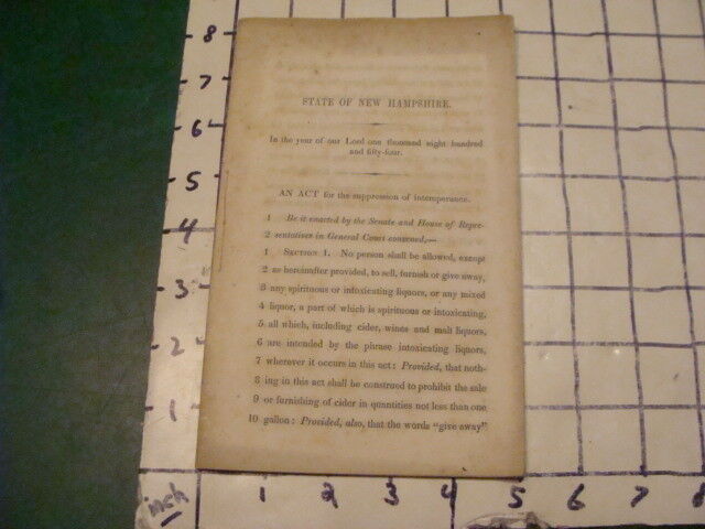 Original 1854 State of New Hampshire AN ACT for the SUPPRESSION of INTEMPERANCE 