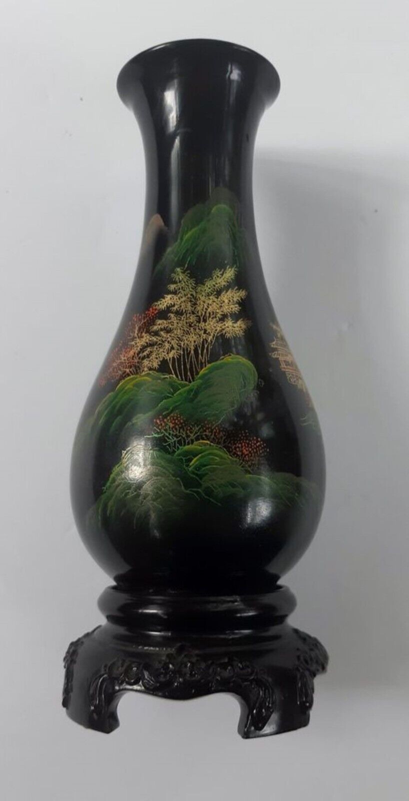 VTG Chinese Fuzhou Hand Painted Black Lacquerware Vase 8\