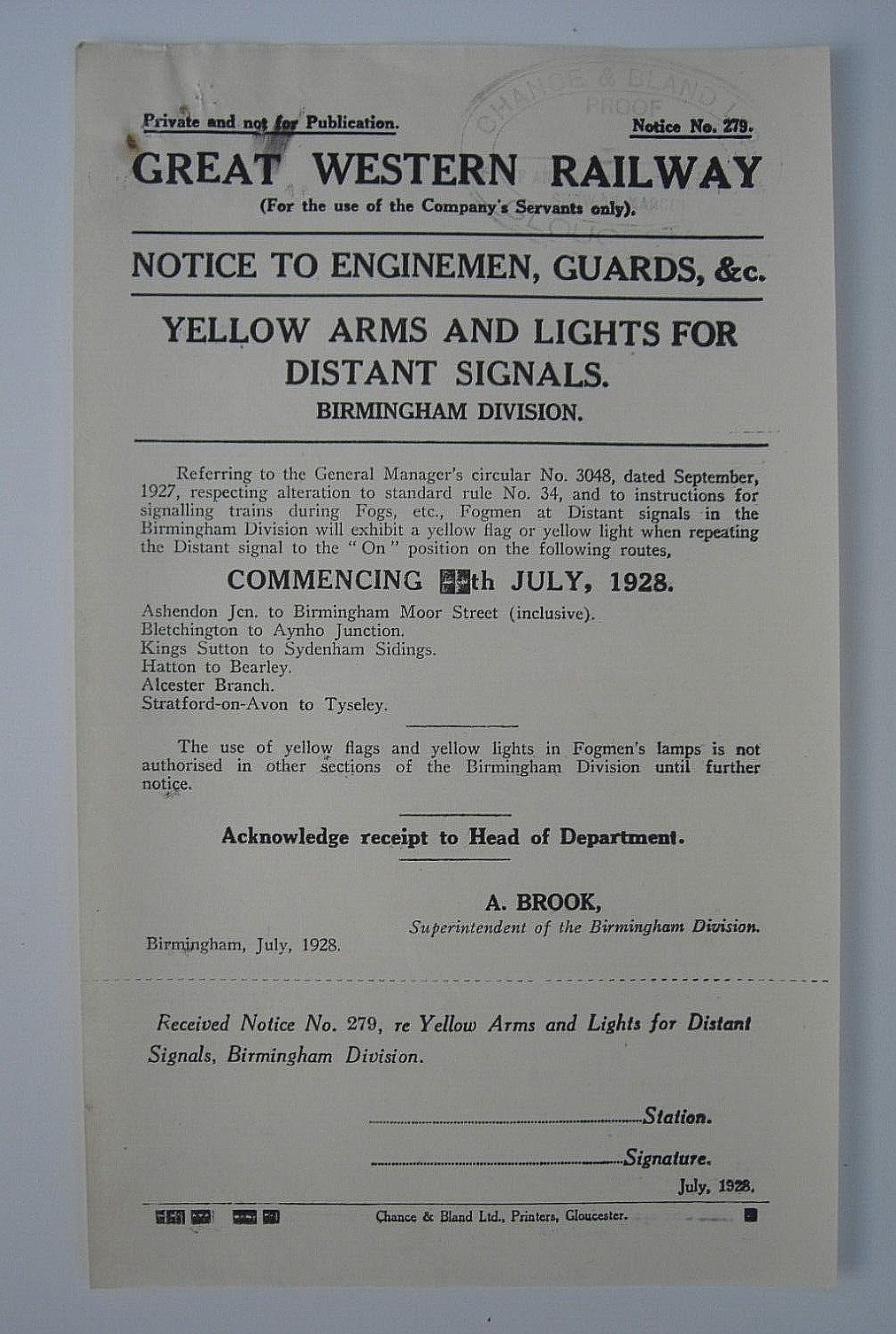 GWR Notice Intro Of Yellow Lights/ Arms On Distant Signals Birmingham Div 1928 2