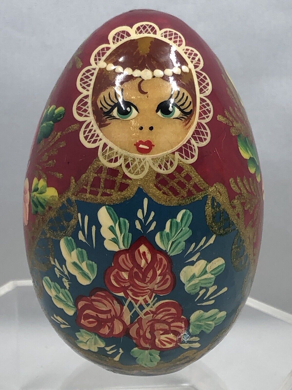 Russian Hand Painted Matryoshka Babushka Signed Wooden Easter Egg Doll Girl 3\