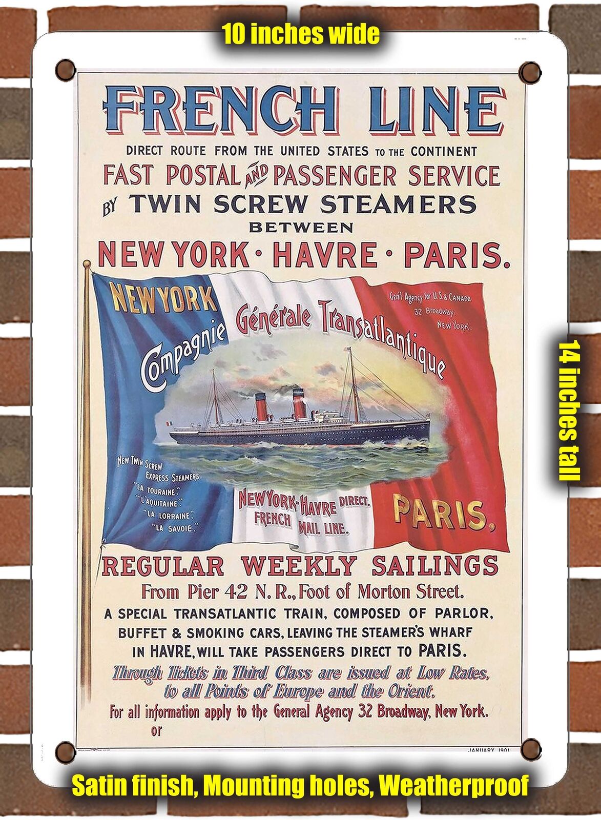 METAL SIGN - 1901 French Line New York Havre Paris - 10x14 Inches