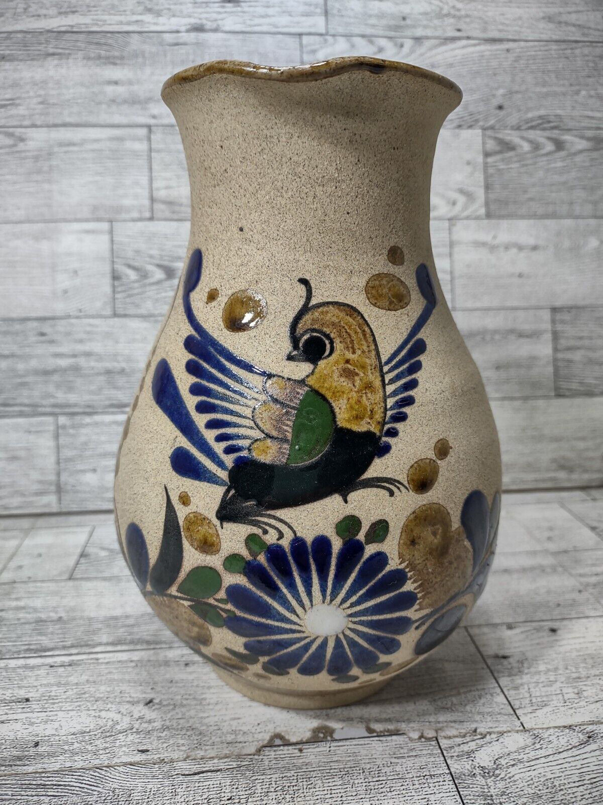 VTG Tonala Mexico Signed Pottery Pitcher Bird Flowers Blue Hand Painted Vase