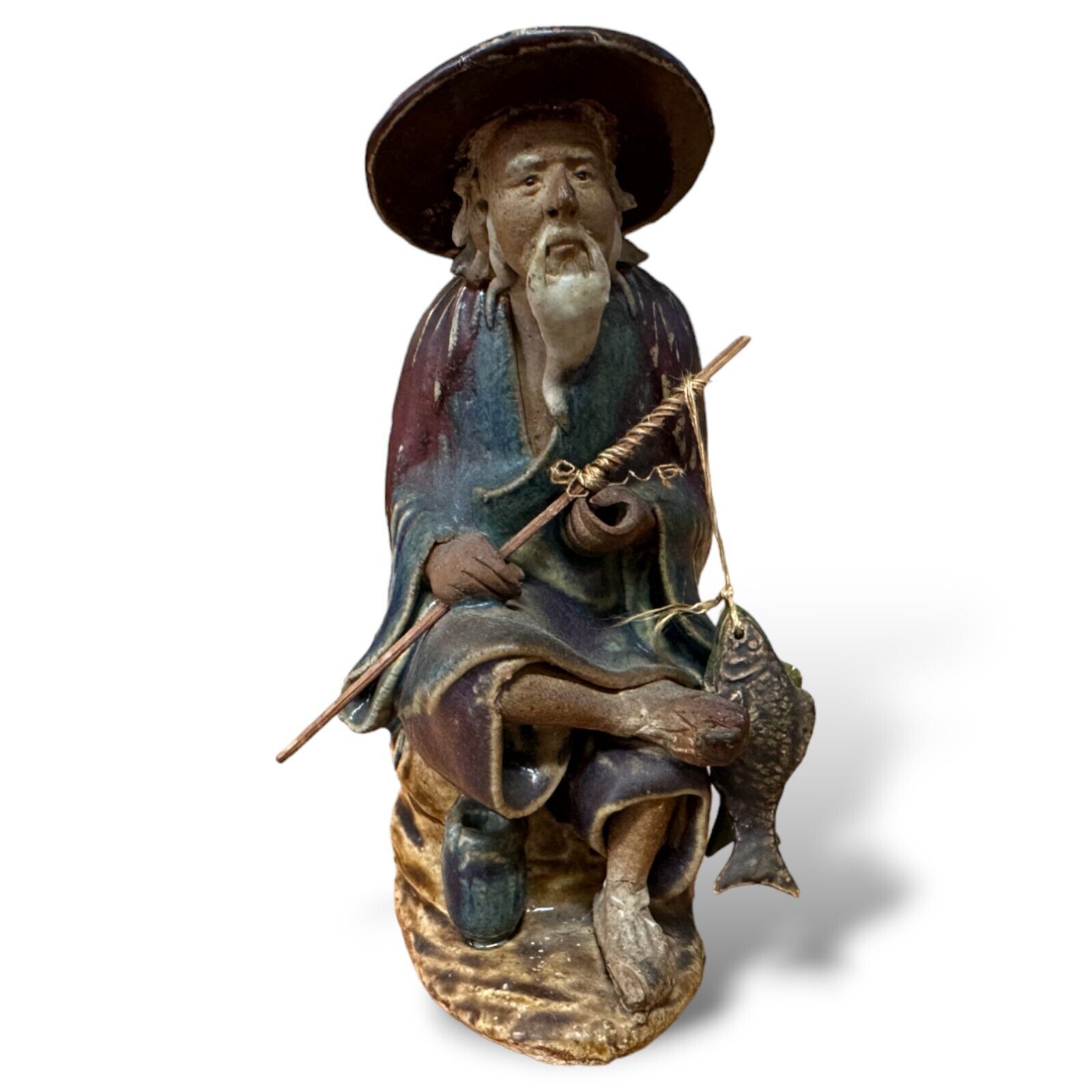 Antique Chinese Mudman, Seated w/ Fish and Pole, 1890-1919, 5\