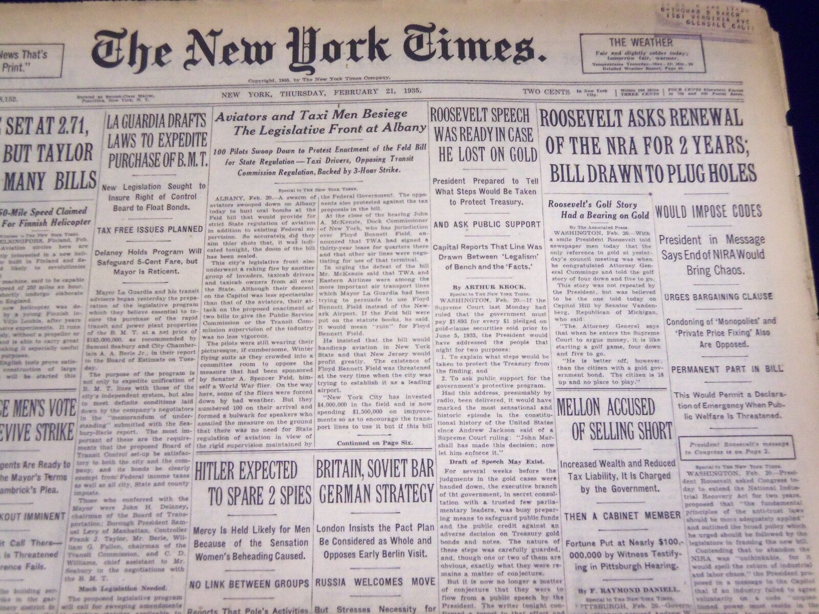 1935 FEBRUARY 21 NEW YORK TIMES - ROOSEVELT ASKS RENEWAL OFNRA - NT 3811