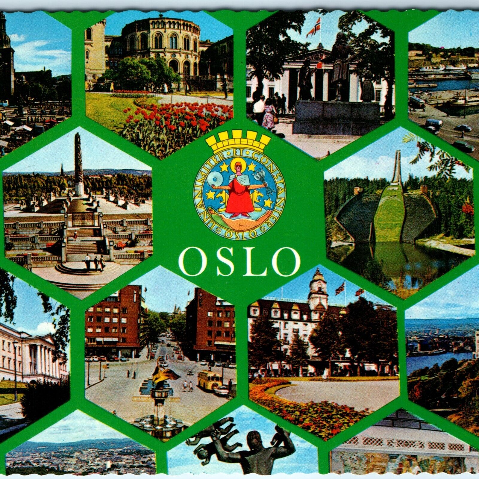 c1970s Oslo, Norway City Coat of Arms Honeycomb Multi View Greetings 4x6 PC M4