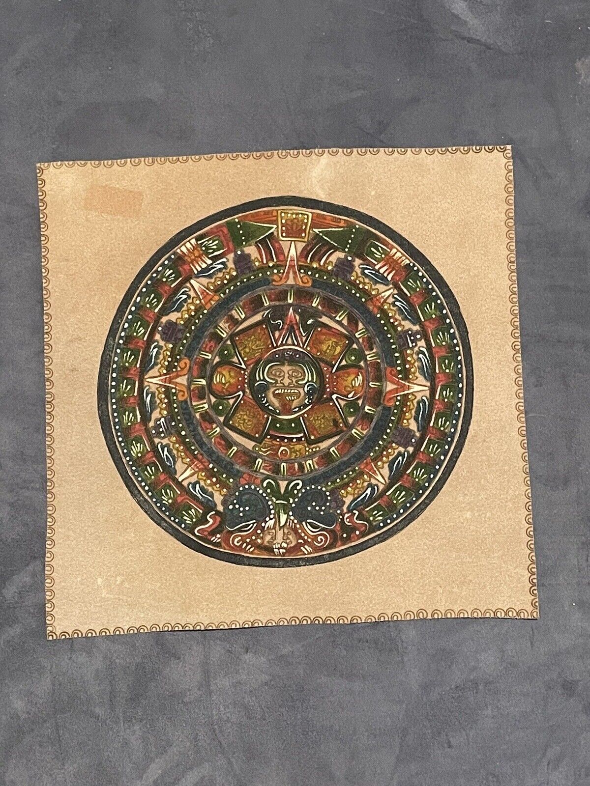 Aztec Calendar  Sun Stone on Leather Cloth Hand Painted Mayan Hammered