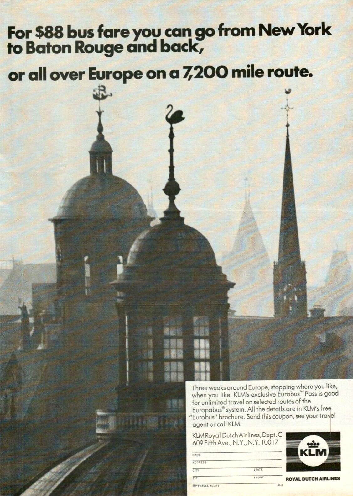 1969 KLM Royal Dutch Airlines Eurobus Pass all Over Europe VINTAGE PRINT AD