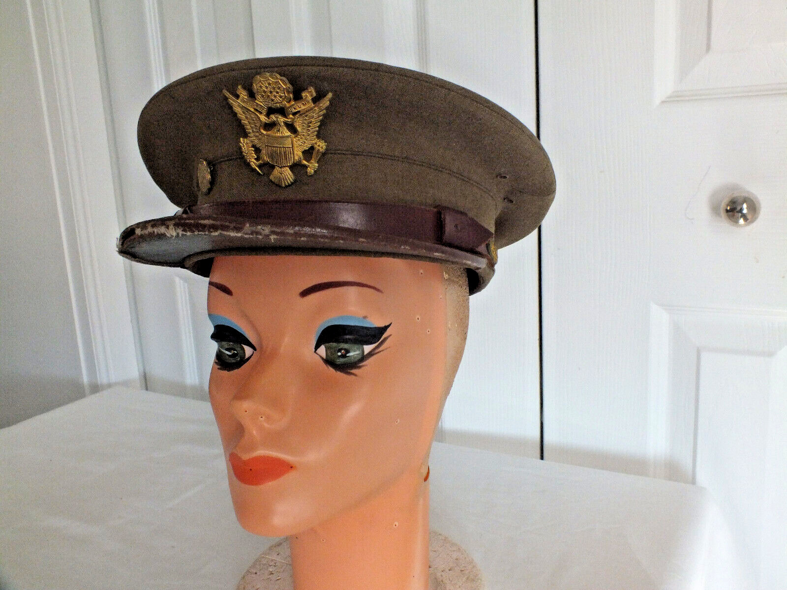 MILITARY visor officer CAP Hat WWII Ft Logan Co eagle BADGE pin 21.5\