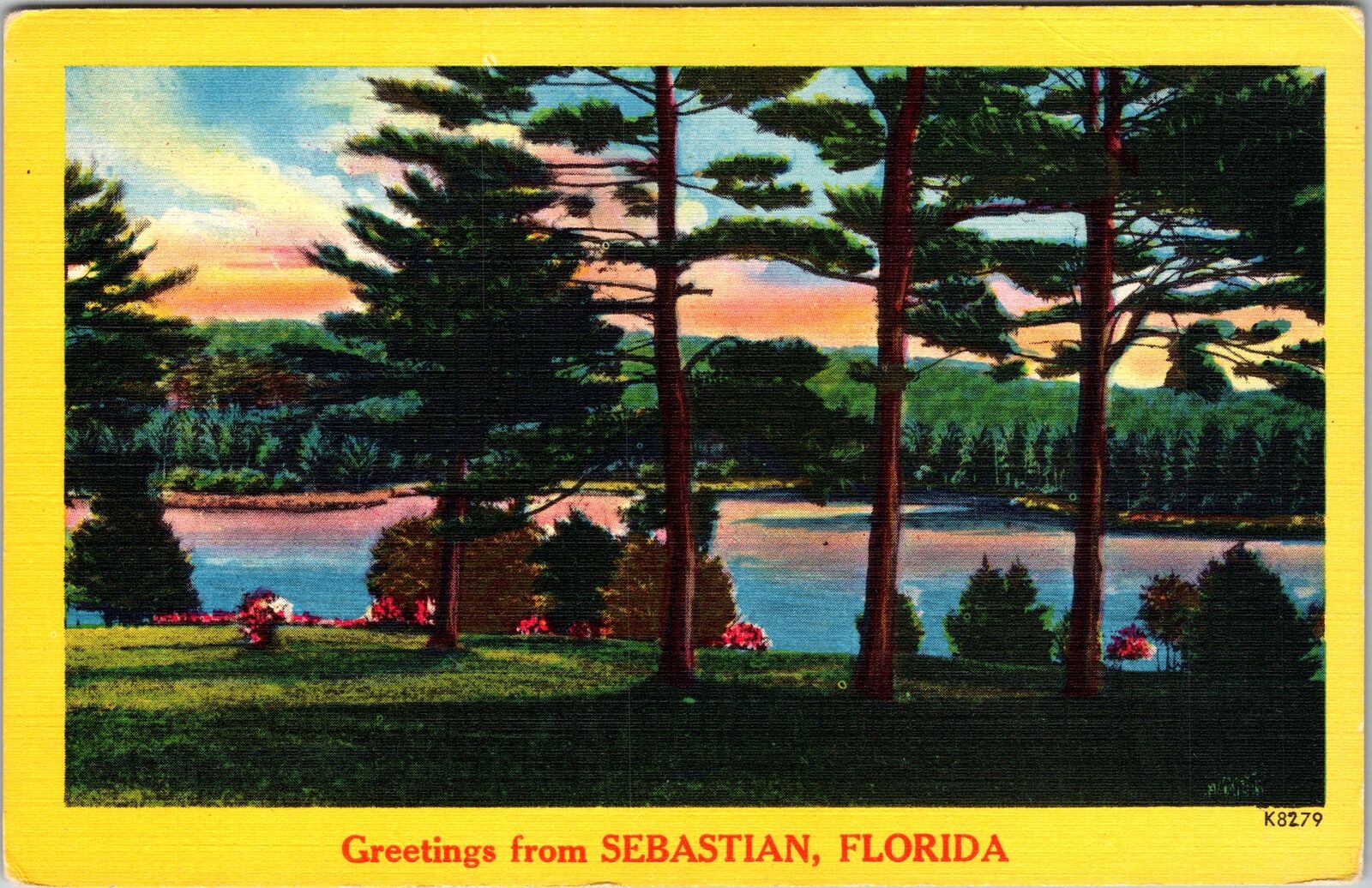 Sebastian FL-Florida, Greetings, Scenic Water & Garden View Vintage Postcard