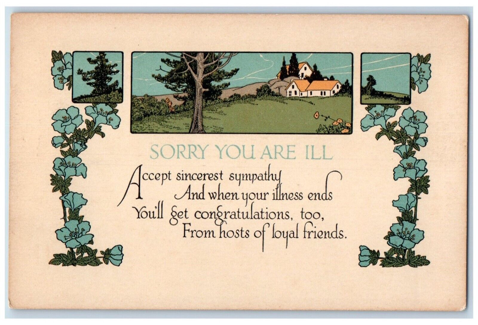c1910\'s Get Well Soon Message Flowers House Arts Crafts Antique Postcard