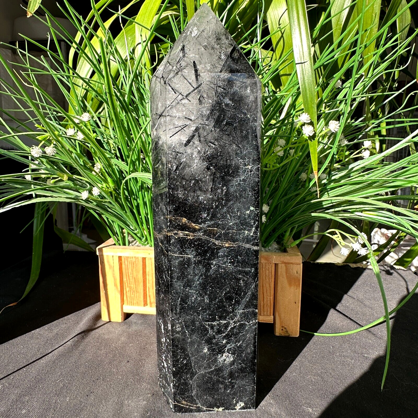 5.39LB TOP Natural black tourmaline Quartz obelisk Crystal wand point Healing